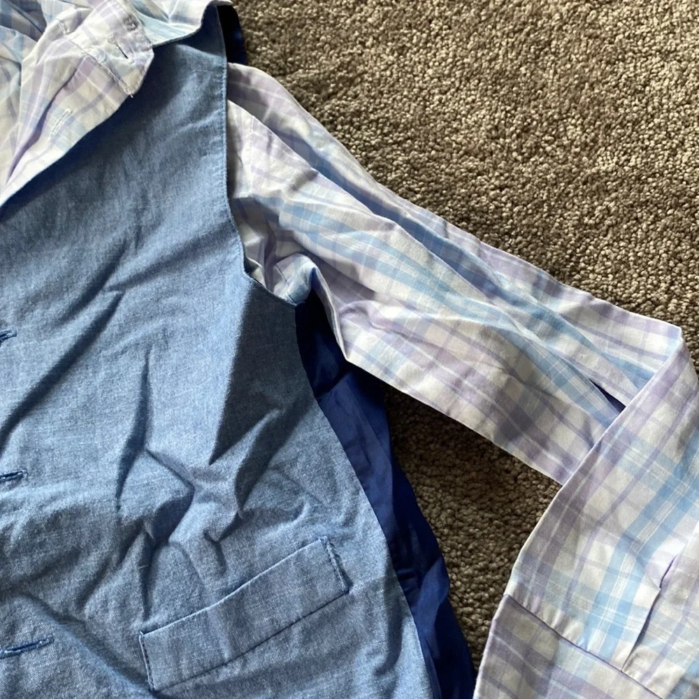 Van Heusen Blue Plaid Shirt Vest Dress Pants 3 Piece Suit Set SIZE 8